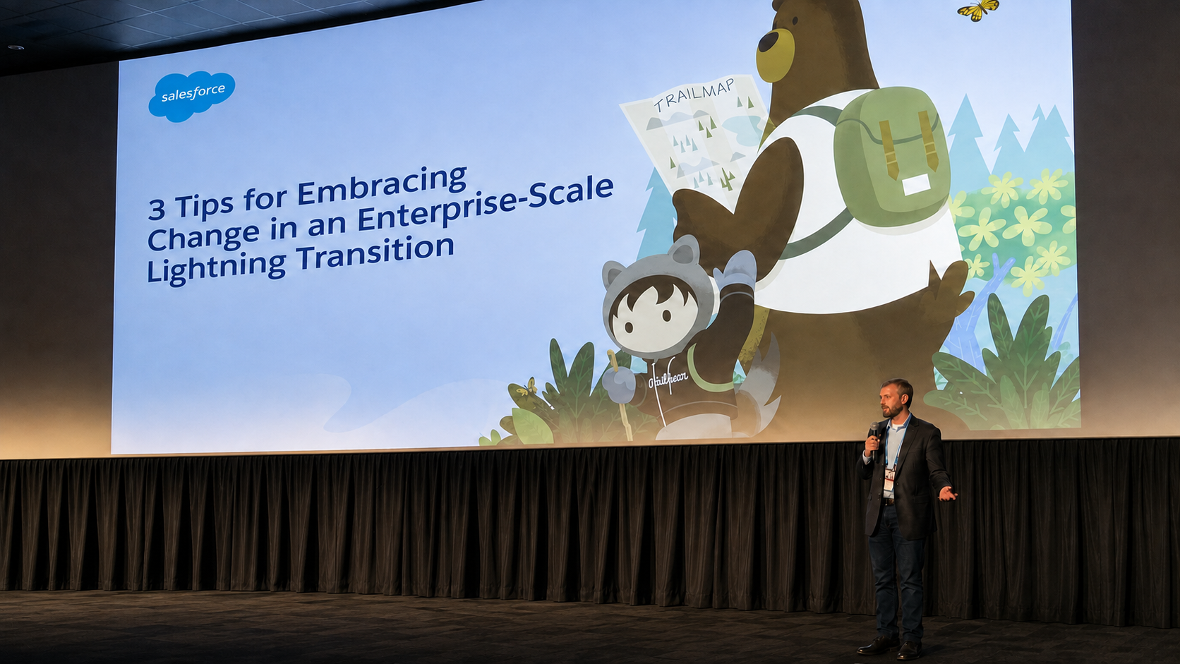 Bryan Burke presenting on stage about an enterprise-scale Salesforce Lightning transition