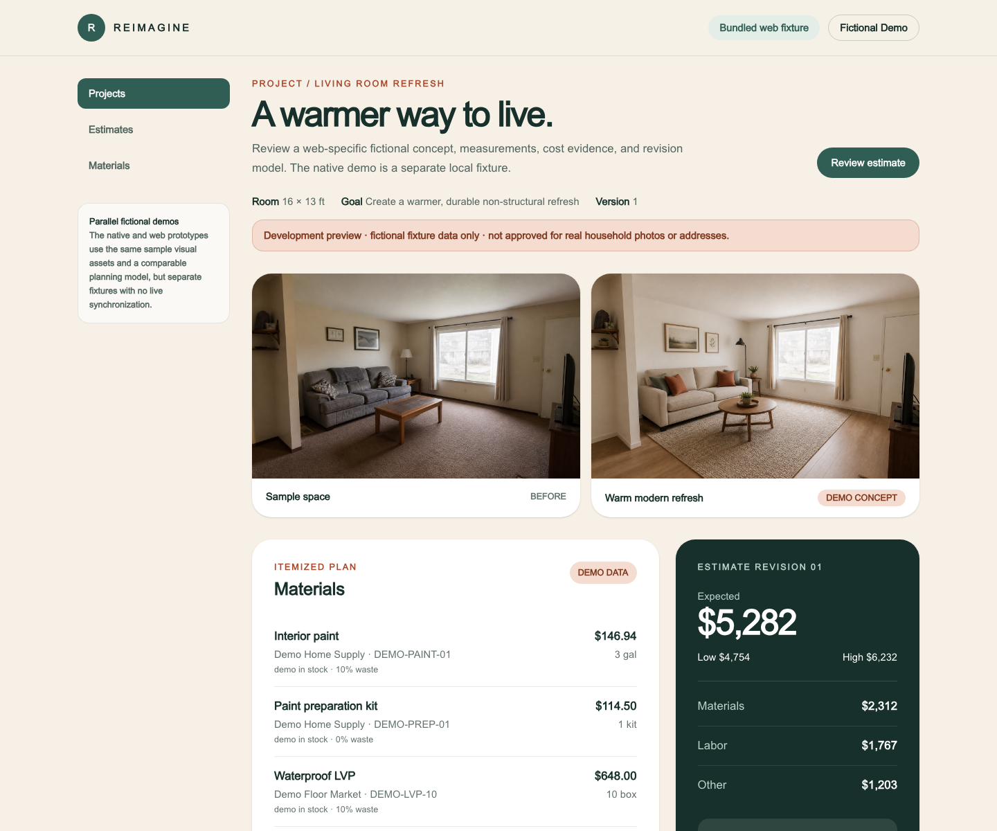 Room-planning demo using fixed before-and-concept artwork beside an itemized materials estimate and visible demo limitations.